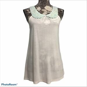 Kenar Peter Pan Beaded Collar Sleeveless Lightweight Rayon Top Cream Aqua